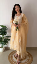 Rose Women's Lucknowi Handcrafted Pure Organza Silk Stitched Chikankari Kurta, Dupatta With Pant Set- HONC0339014