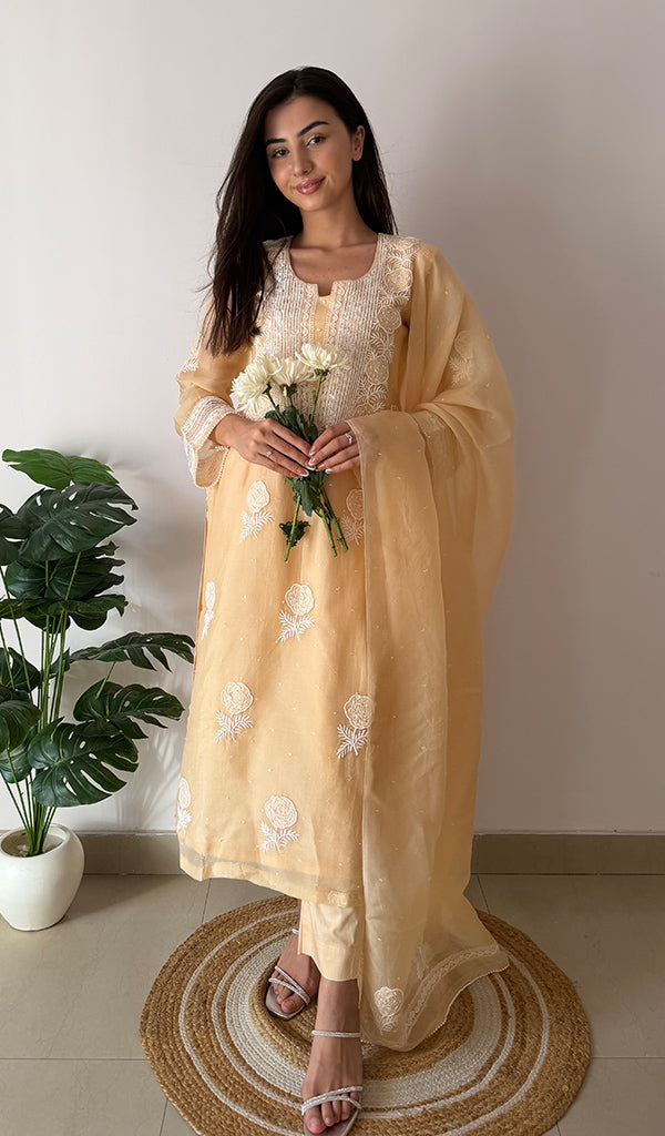 Rose Women's Lucknowi Handcrafted Pure Organza Silk Stitched Chikankari Kurta, Dupatta With Pant Set- HONC0339014