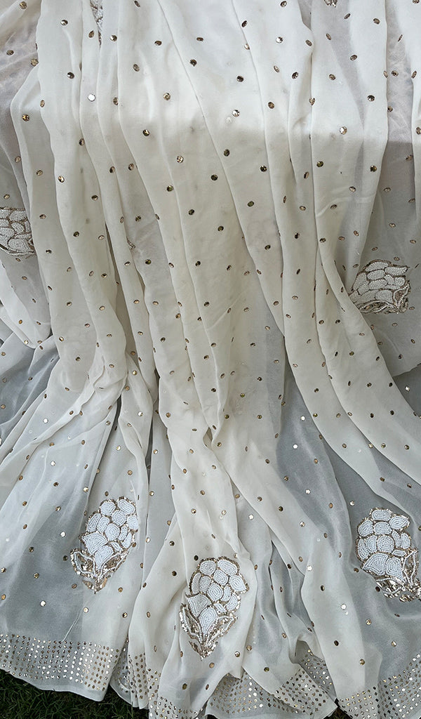 Women's Lakhnavi Handcrafted Pure Silk Georgette Chikankari Saree - HONC0278767