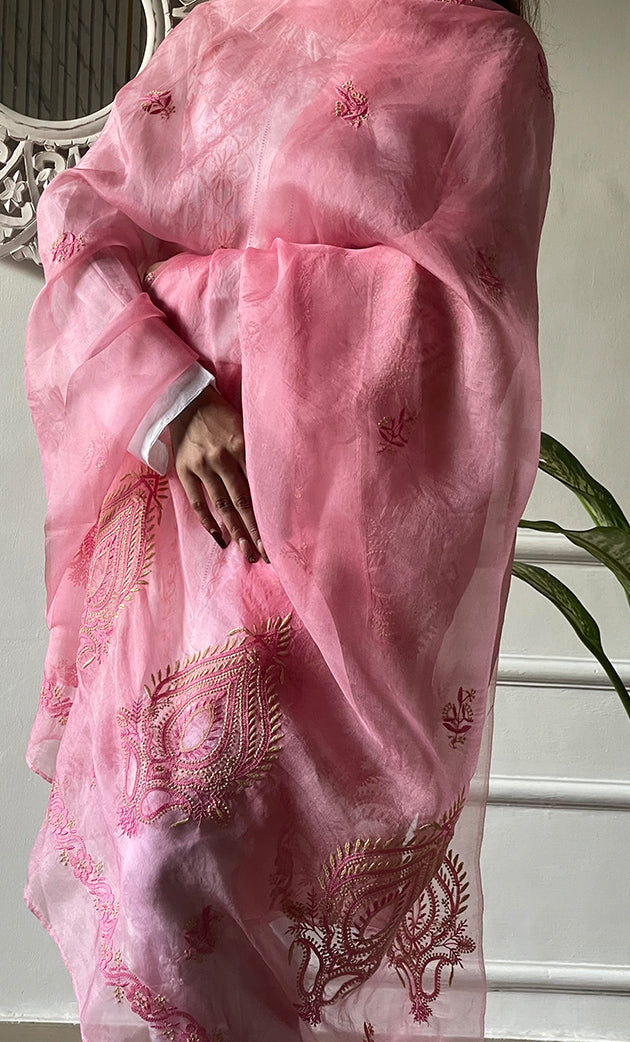 Women's Lucknowi Handcrafted Pure Organza Silk Chikankari Dupatta - HONC046131
