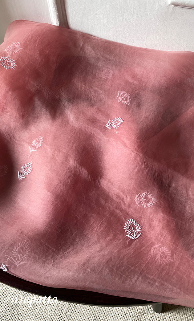 Women's Lakhnavi Handcrafted Pure Organza Chikankari Unstitched Kurta And Dupatta Set- HONC031470