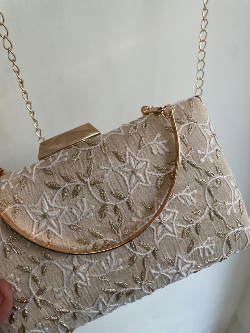 Beige Chikankari Embroidered Clutch - HONC0377323