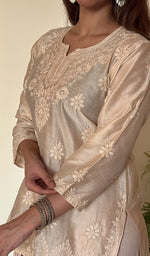 Anika Women's Lucknowi Handcrafted Chanderi Silk Chikankari Top with Farshi Salwar Set .