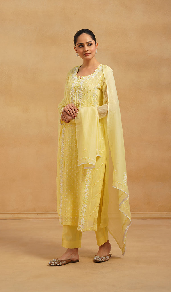 Saziya Women's Lakhnavi Handcrafted Mul Chanderi Chikankari Stitched Kurta, Dupatta And Pant Set - HONC0798462