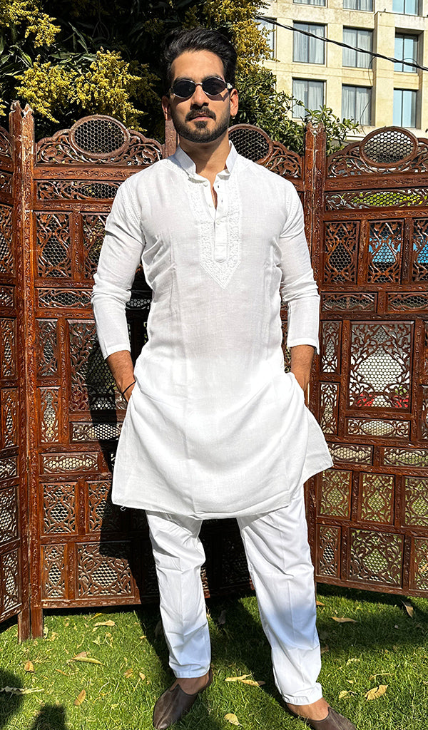 Men's Lucknowi Handcrafted Cotton Chikankari Kurta - HONC0342314