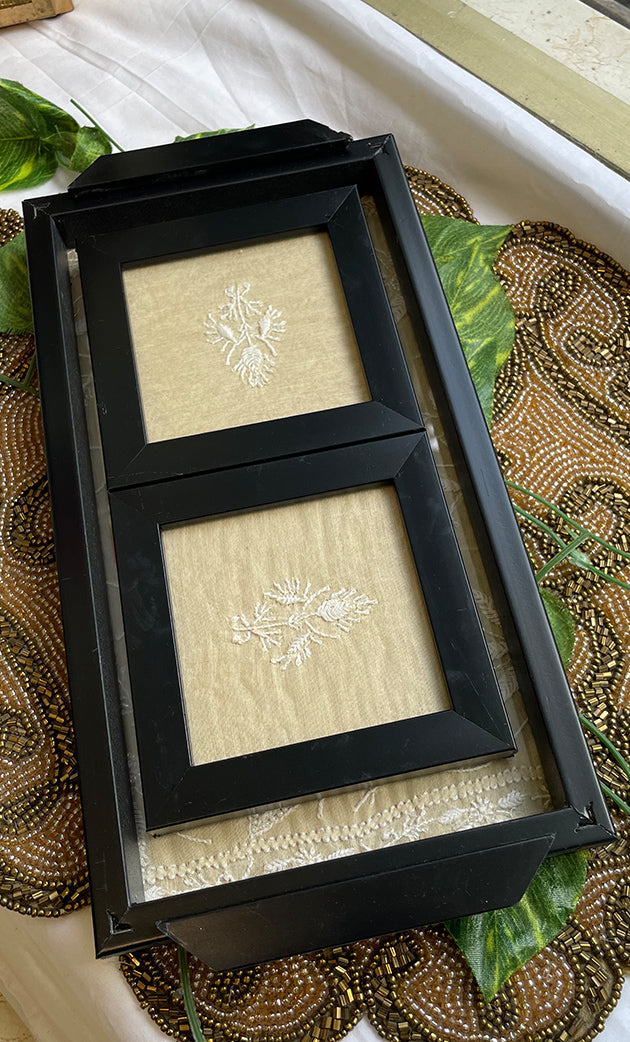 Handcrafted Chikankari Tray with Two Coasters – Wooden Frame - HONC0310957