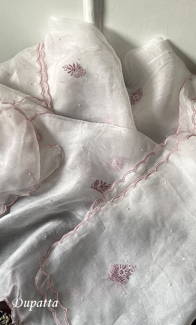 Mehnaj Women's Lakhnavi Handcrafted Pure Organza Chikankari Unstitched Kurta And Dupatta Set- HONC0316110