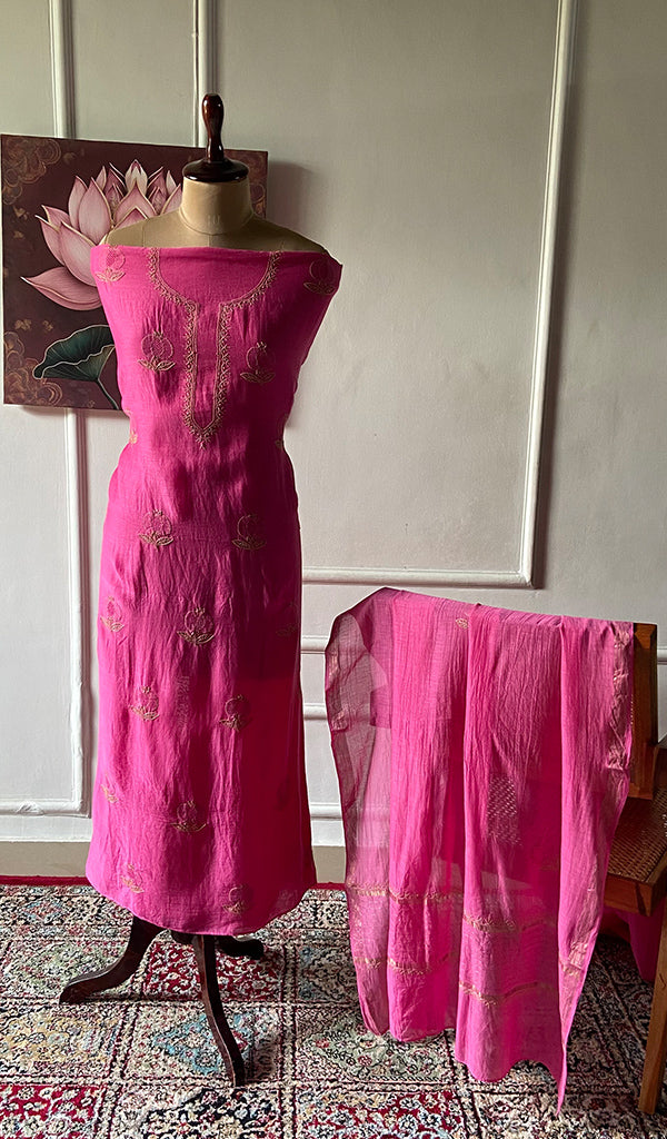 Women's Lakhnavi Handcrafted Chanderi Silk Unstitched Chikankari Full Suit - HONC035260