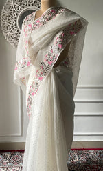 Load image into Gallery viewer, Women&#39;s Lucknowi Handcrafted Pure Organza Silk Chikankari Saree - HONC0329246
