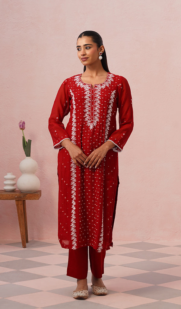 Saziya Women's Lakhnavi Handcrafted Mul Chanderi Chikankari Stitched Kurta, Dupatta And Pant Set - HONC0854621