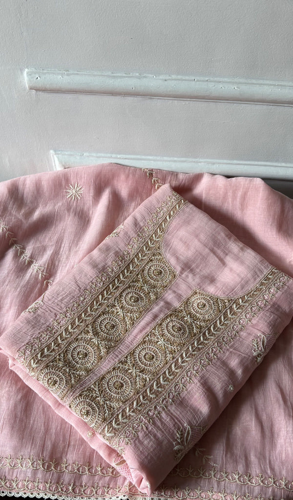 Women's Lakhnavi Handcrafted Mul Chanderi Unstitched Chikankari Full Suit - HONC0349095