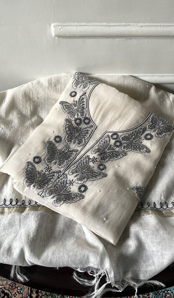 Women's Lakhnavi Handcrafted Unstitchd Mul Chanderi Kurta And Dupatta Set - HONC0330024