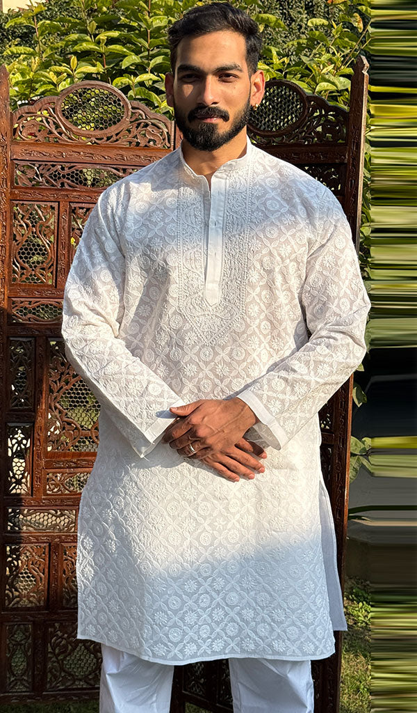 Men's Lucknowi Handcrafted Cotton Chikankari Kurta - HONC0260706