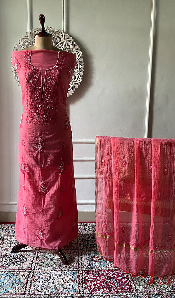 Women's Lakhnavi Handcrafted Mul Chanderi Unstitched Chikankari Full Suit Material - HONC0300851