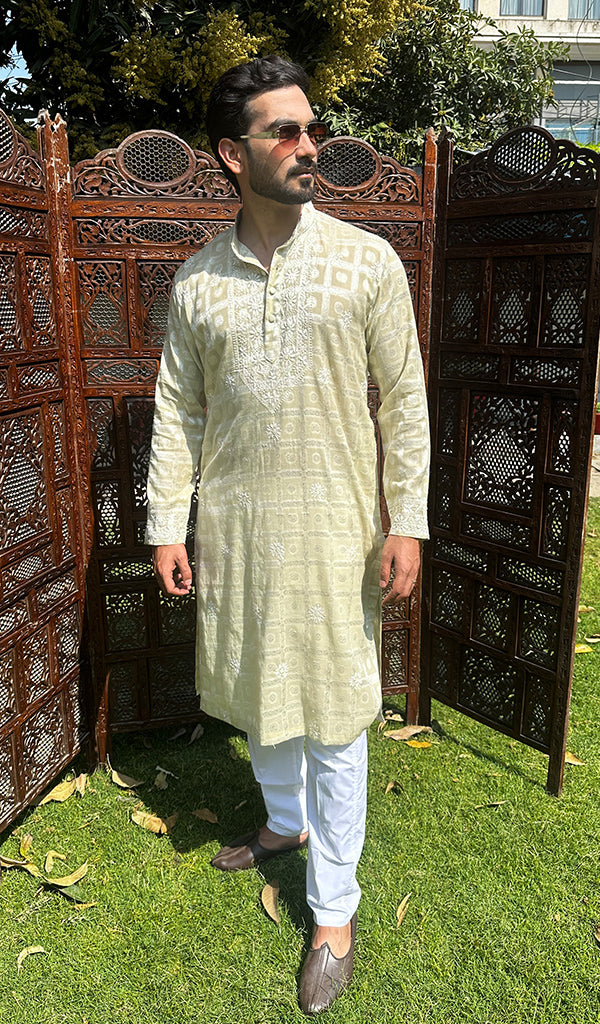 Men's Lucknowi Handcrafted Cotton Chikankari Kurta - HONC0335234