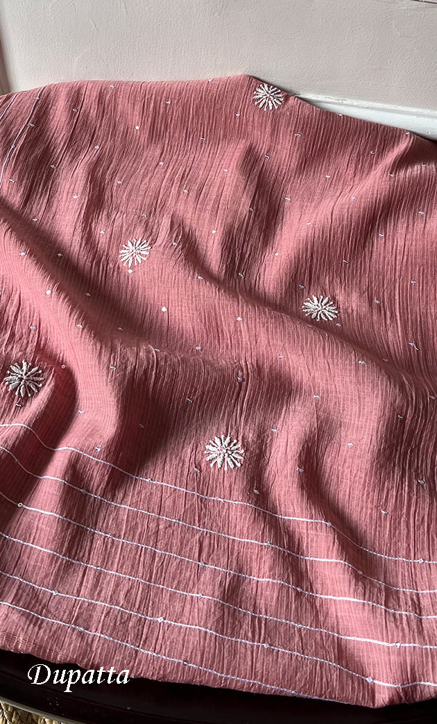 Women's Lakhnavi Handcrafted Mul Chanderi Chikankari Semi - Stitched Kurta Dupatta Set - HONC0301238