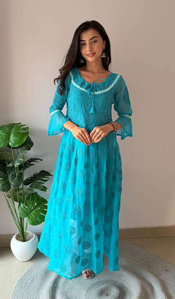 Aadab Women's Lakhnavi Handcrafted Faux-Georgette Chikankari  Anarkali Dress - HONC038898