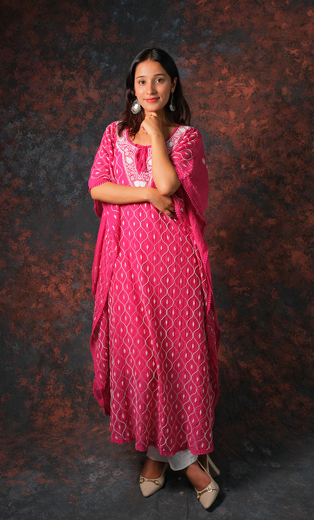 Rabia Women's Lucknowi Handcrafted Mul chanderi Chikankari Kaftan - HONC0304368