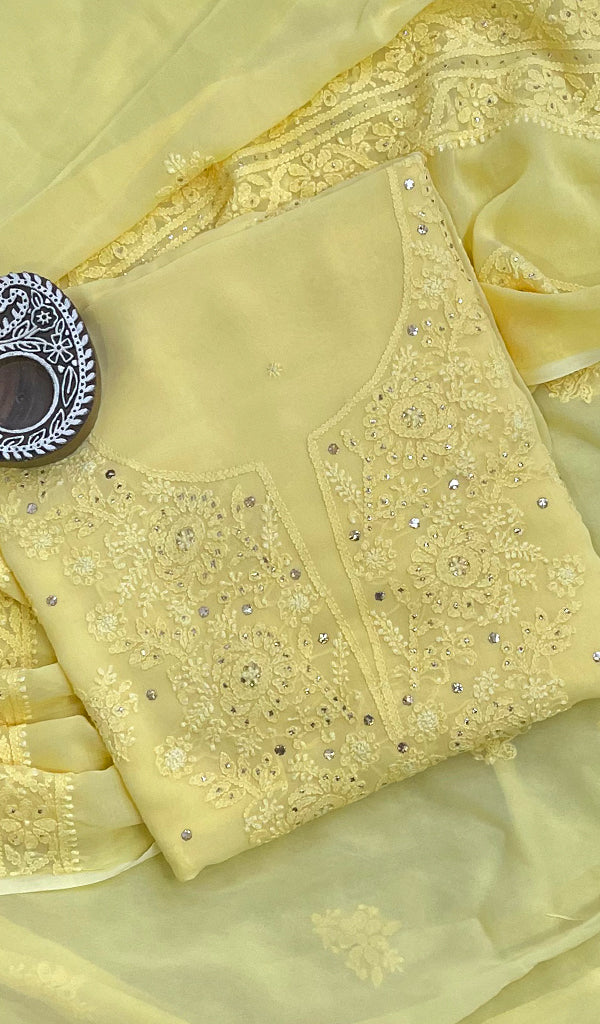 Women's Lakhnavi Handcrafted Viscose Georgette Chikankari Full Suit Material - HONC0141225