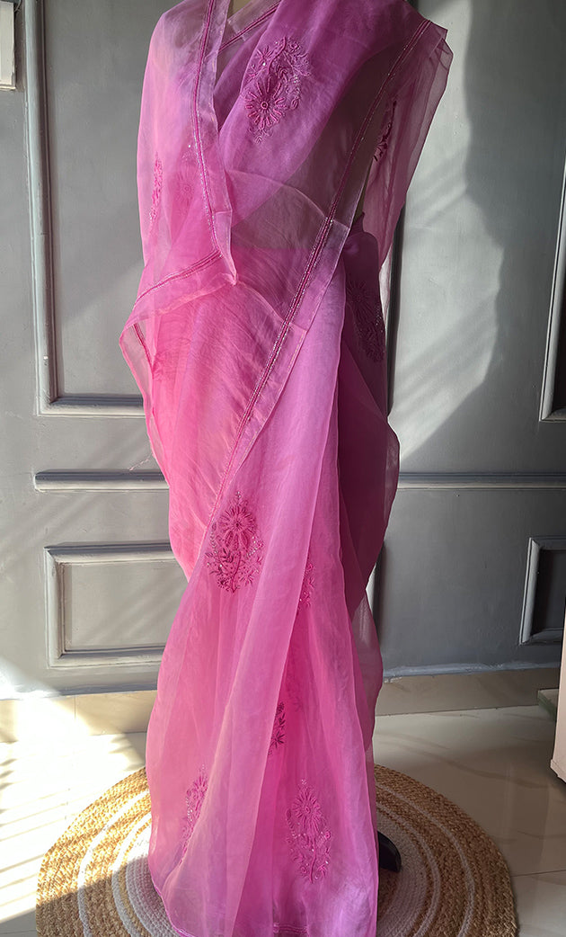 Women's Lucknowi Handcrafted Pure Organza Silk Chikankari Saree - HONC0270898