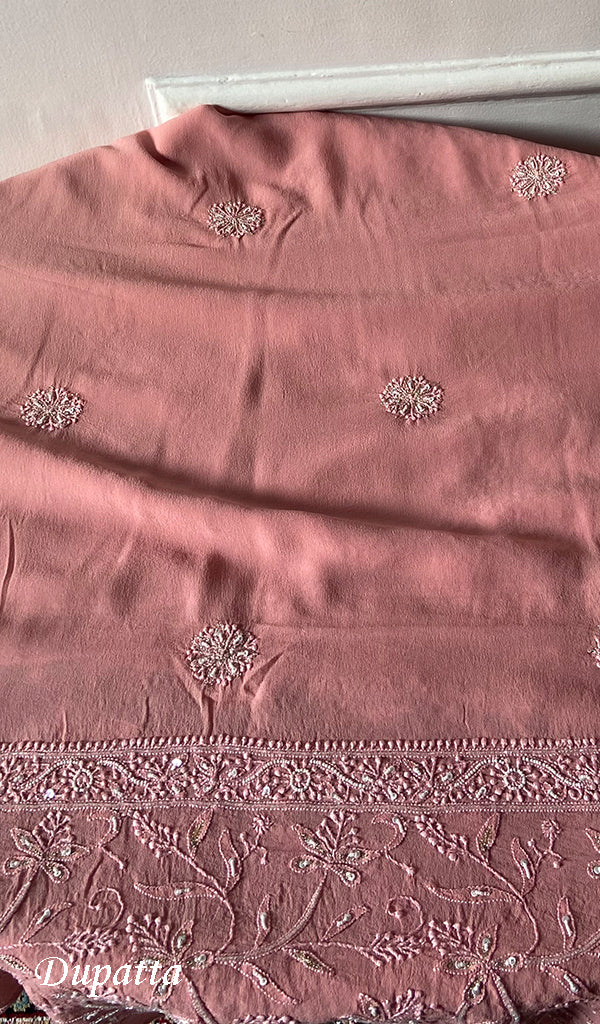 Women's Lakhnavi Handcrafted Pure Silk Georgette Unstitched Chikankari Kurta And Dupatta Set- HONC0271642