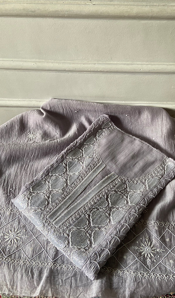 Women's Lakhnavi Handcrafted Mul Chanderi Semi - Stitched Chikankari Full Suit Material - HONC0360113