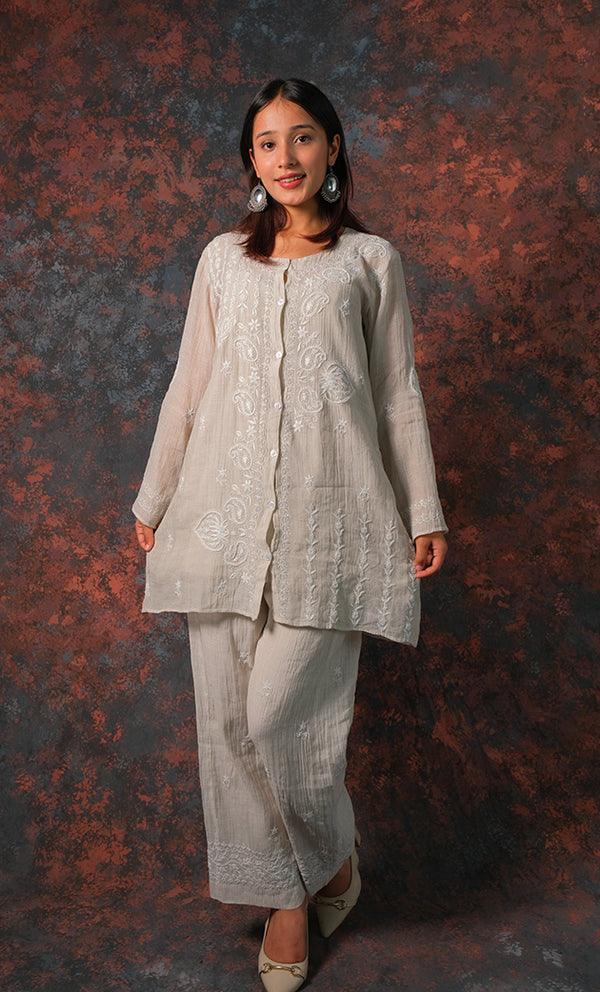 Yasmoon Women's Lakhnavi Handcrafted Tissue chanderi Chikankari Kurta And palazzo Set - HONC0322042