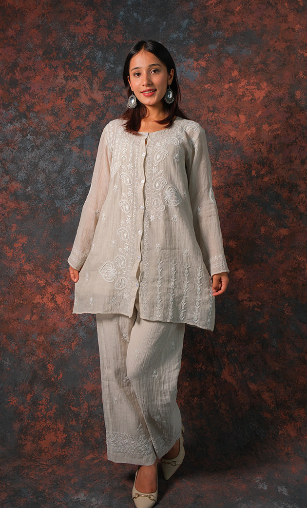 Women's Lakhnavi Handcrafted Tissue chanderi Chikankari Kurta And palazzo Set - HONC0322042