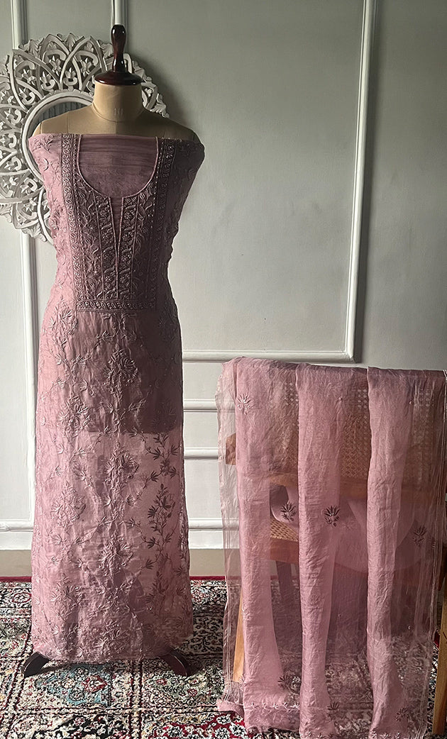 Women's Lakhnavi Handcrafted Pure Organza Chikankari Unstitched Kurta And Dupatta Set- HONC0327851