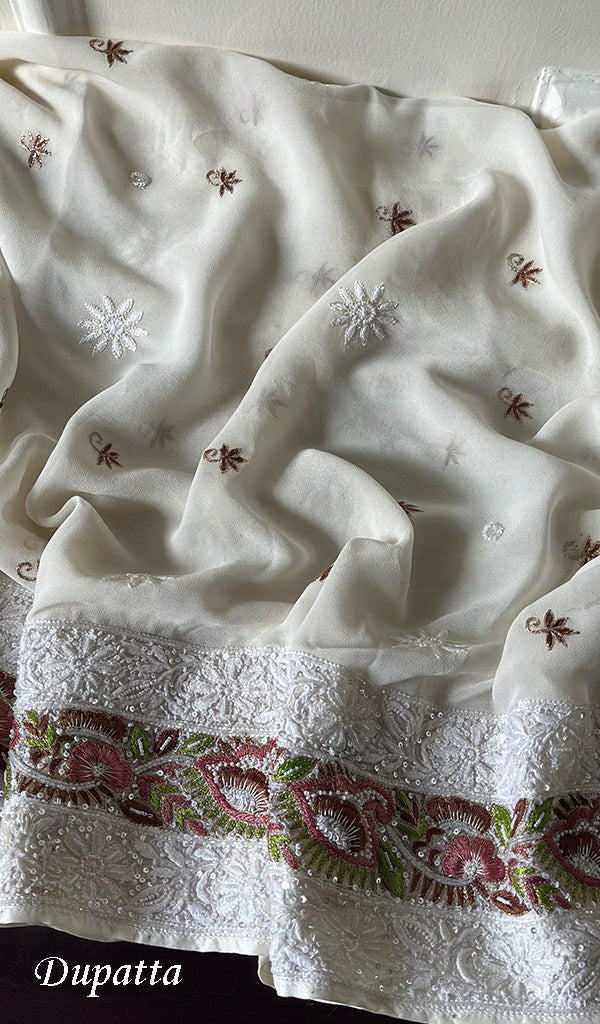 Women's Lakhnavi Handcrafted Pure Silk Georgette Chikankari Kurta and Dupatta set - HONC0271644