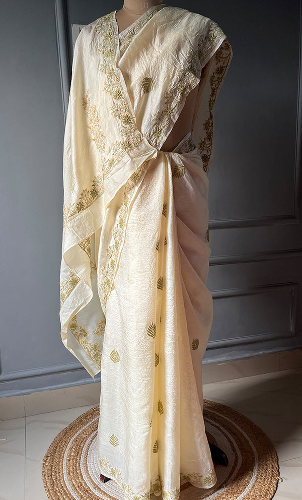 Women's Lakhnavi Handcrafted Tussar Silk Chikankari Saree - HONC0258441