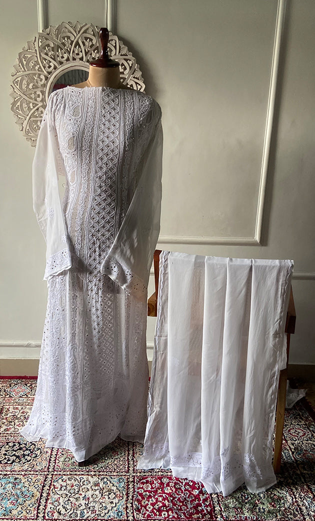 Women's Lucknowi Handcrafted Viscose Georgette Semi - Stitched Chikankari Anarkali and Dupatta Set- HONC0339070