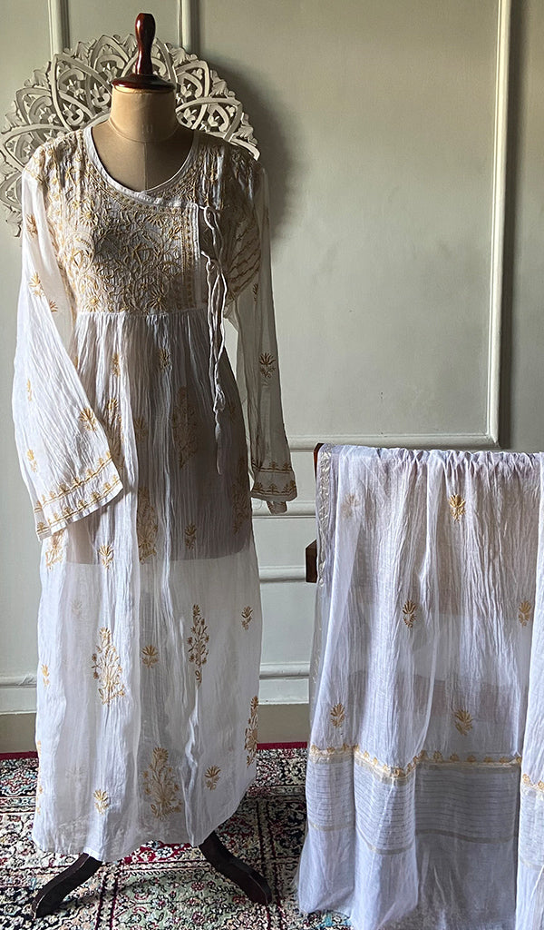 Women's Lakhnavi Handcrafted Mul Chanderi Semi - Stitched Kurta And Dupatta Set - HONC0294987