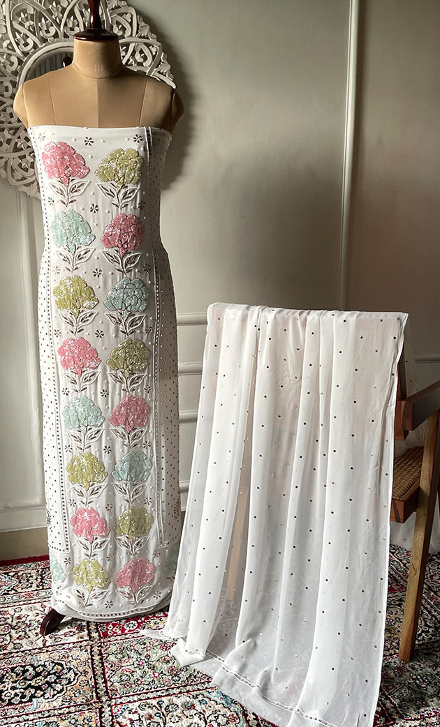 Women's Lucknowi Handcrafted Viscose Georgette Semi - Stitched Chikankari Kurta and Dupatta Set- HONC0312913