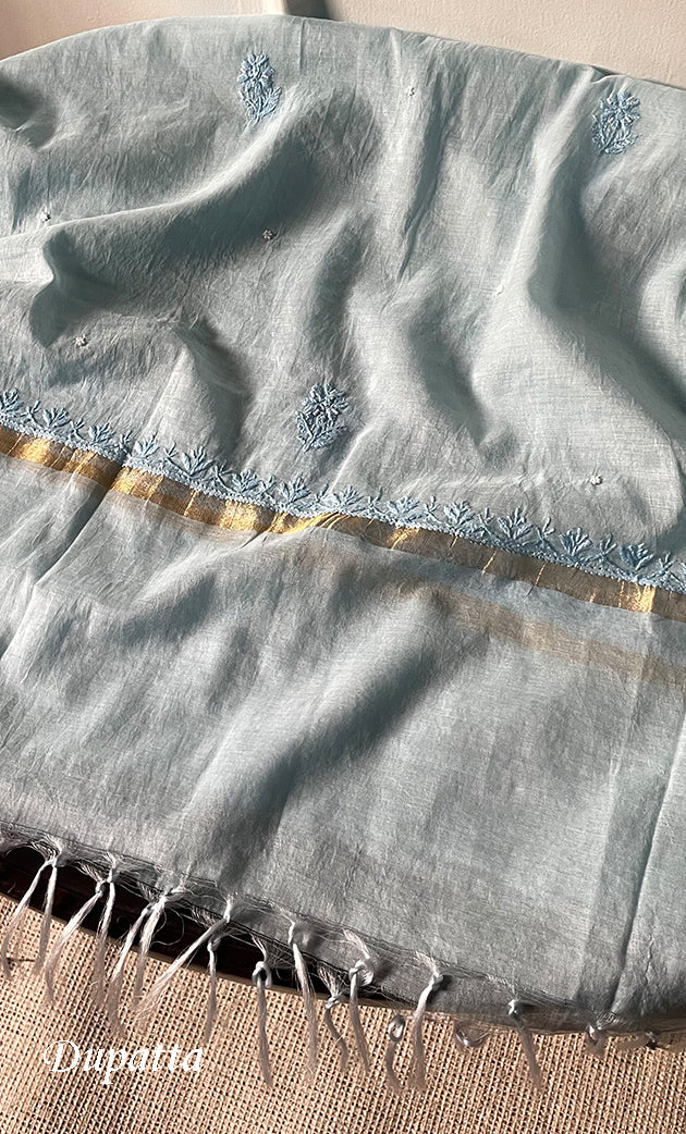 Women's Lakhnavi Handcrafted Mul Chanderi Unstitched Chikankari Full Suit Material - HONC0305473