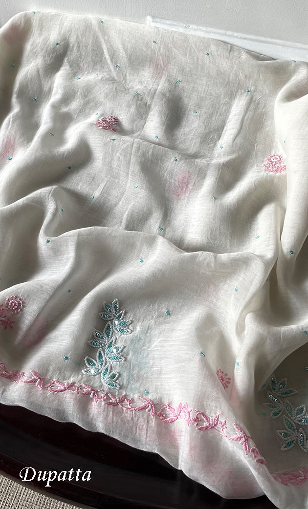 Saziya Women's Lakhnavi Handcrafted Mul Chanderi Semi - Stitched Kurta And Dupatta Set - HONC0311488