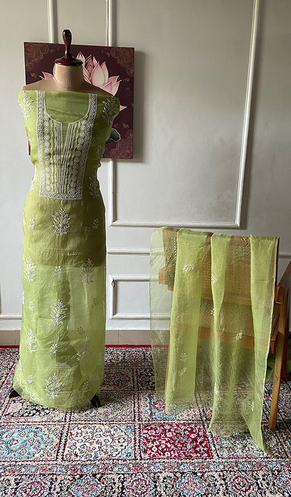 Women's Lakhnavi Handcrafted Pure Organza Chikankari Unstitched Kurta Dupatta Set- HONC0359089