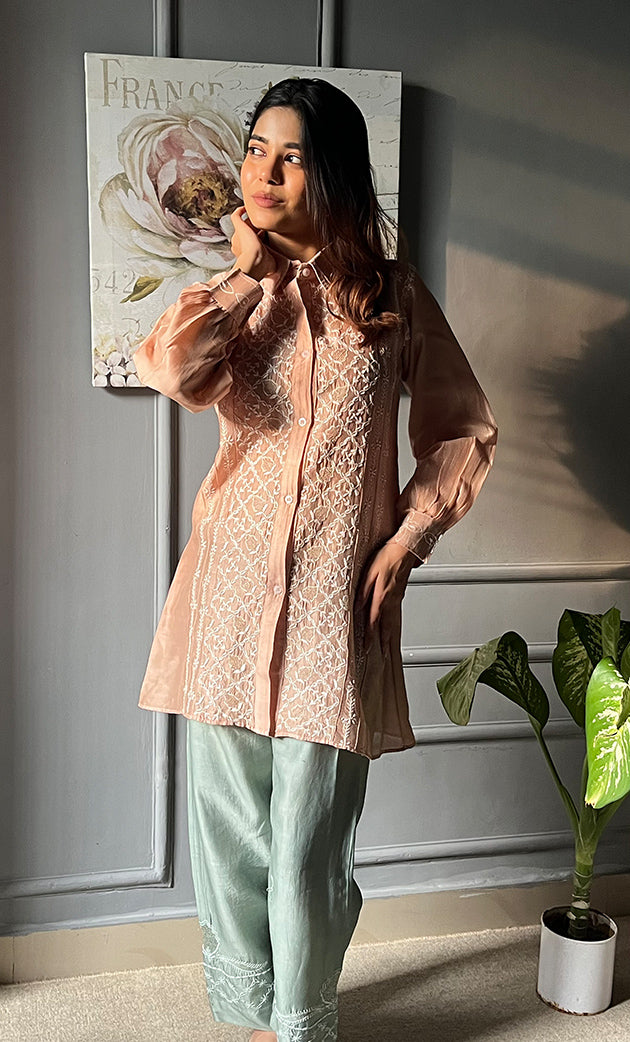 Afifa Women's Lakhnavi Handcrafted Chanderi Silk Chikankari Top And Pant Set - HONC0307943