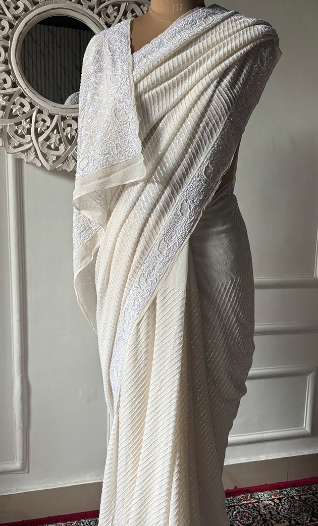 Women's Lakhnavi Handcrafted Pure Silk Georgette Chikankari Saree - HONC0313293