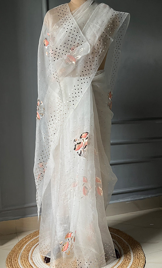 Women's Lucknowi Handcrafted Pure Organza Silk Chikankari Saree - HONC0306873