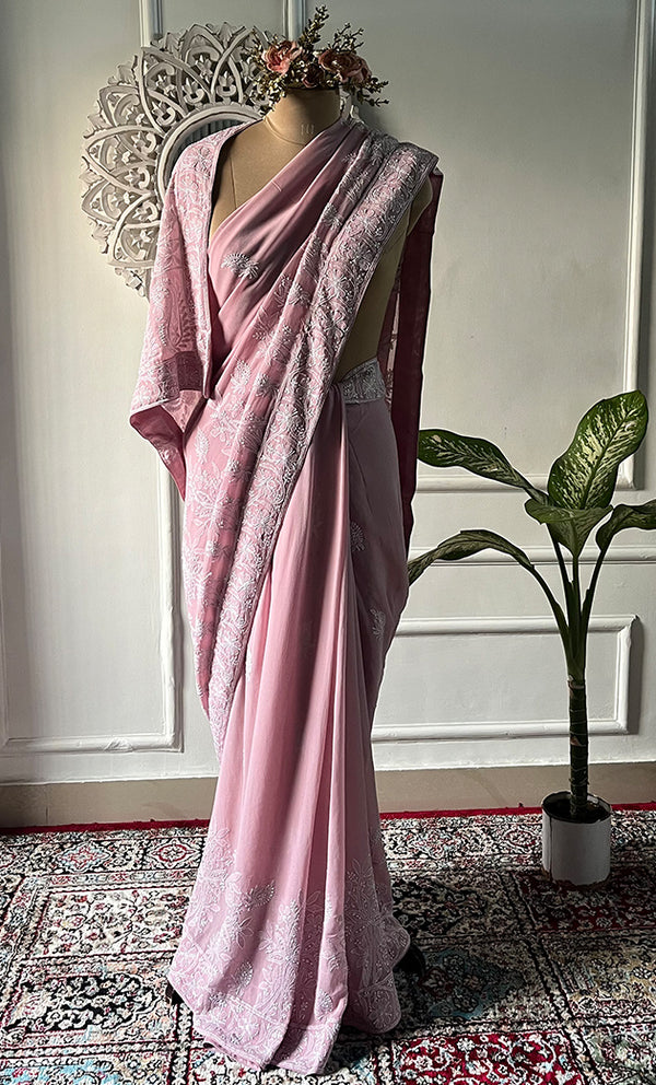 Women's Lakhnavi Handcrafted Pure Silk Georgette Chikankari Saree - HONC0330945