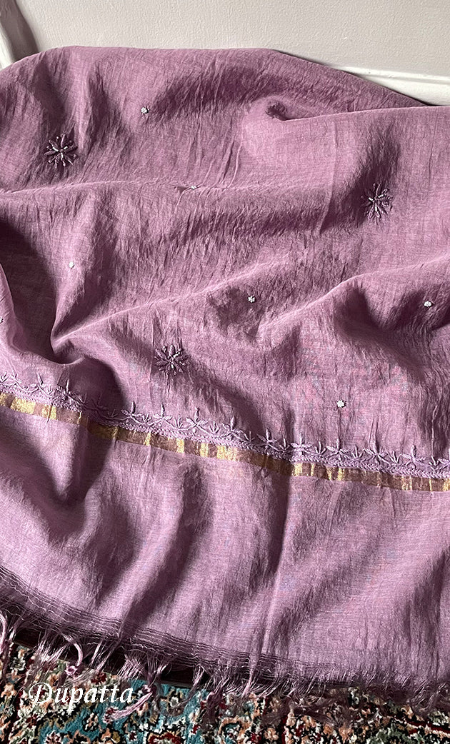 Women's Lakhnavi Handcrafted Mul Chanderi Unstitched Chikankari Full Suit Material - HONC