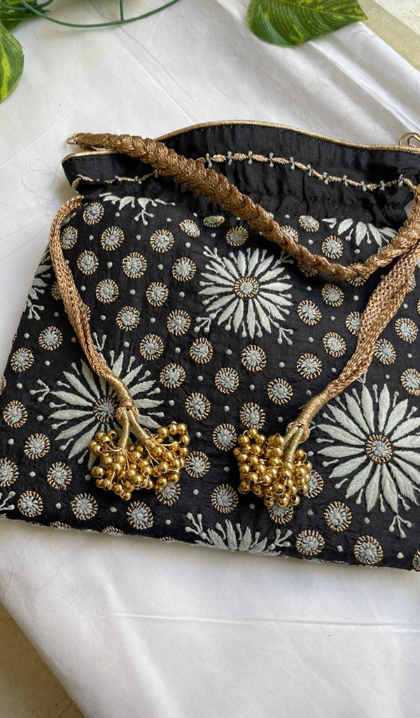 Black Chikankari Embroidered Potli Bag with Golden Bead Tassels - HONC0316098