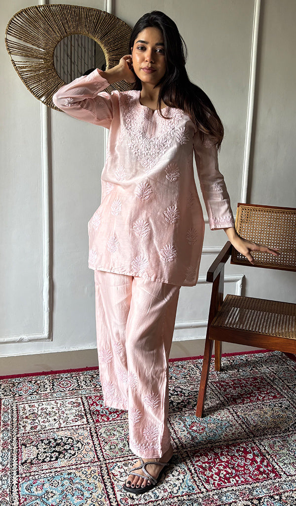 Women's Lakhnavi Handcrafted Chanderi Silk Chikankari Top And Pant Set - HONC0360677