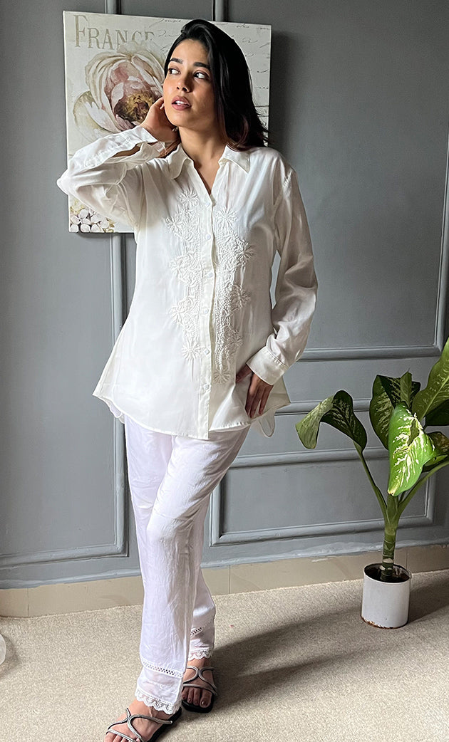 Driti Women's Lakhnavi Handcrafted Cotton Chikankari Shirt- HONC0308387