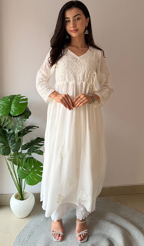 Women's Lucknowi Handcrafted Modal Cotton Chikankari Angrakha - HONC0210167