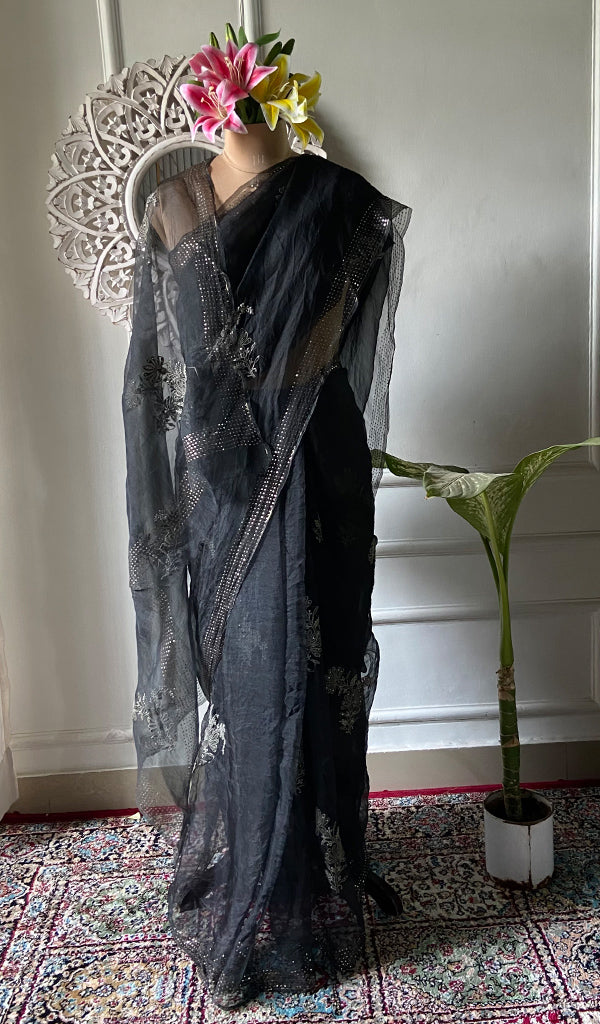 Women's Lucknowi Handcrafted Pure Organza Silk Chikankari Saree - HONC0286698