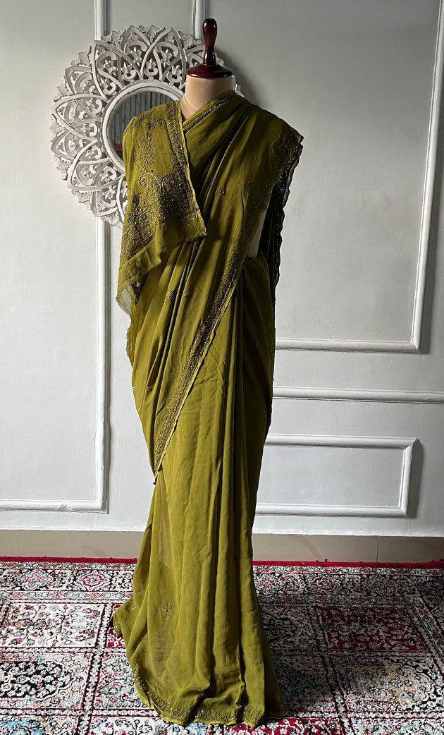 Women's Lakhnavi Handcrafted Viscose Georgette Chikankari Saree - HONC0329022