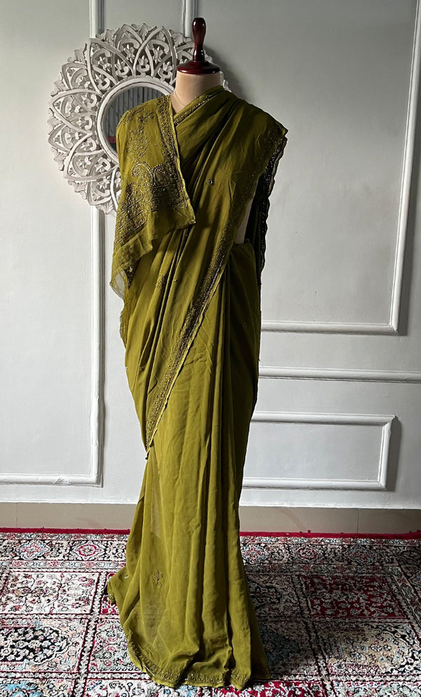 Women's Lakhnavi Handcrafted Viscose Georgette Chikankari Saree - HONC0329022