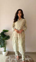 Ziva Women's Lucknowi Handcrafted Mul Chanderi Stitched Chikankari Kurta And Plazzo Set- HONC0378820